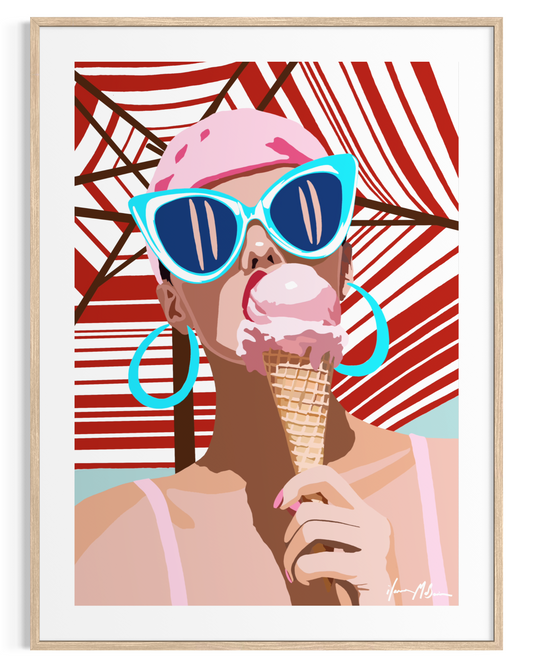 Salt and Sugar artwork by Australian artist Ilana McBain showing a fashionable woman in oversized sunglasses enjoying an ice cream under a striped beach umbrella. Contemporary coastal pop art print inspired by summer beach culture.
