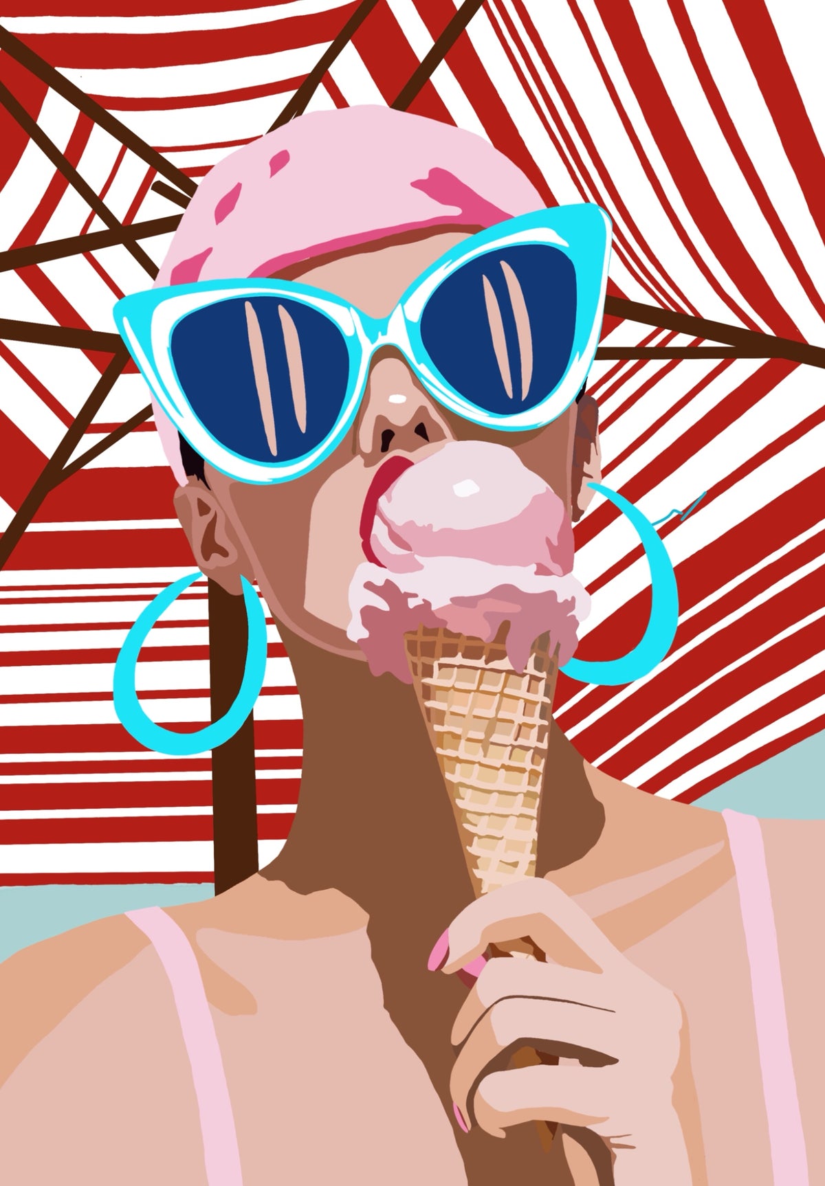 Salt & Sugar colourful coastal art print by Ilana McBain featuring a woman in blue sunglasses enjoying a pink ice cream.
