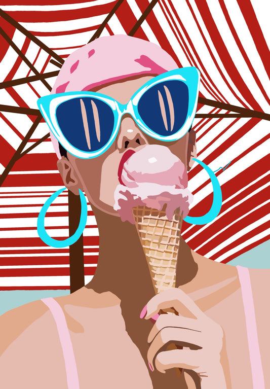 Salt & Sugar colourful coastal art print by Ilana McBain featuring a woman in blue sunglasses enjoying a pink ice cream.