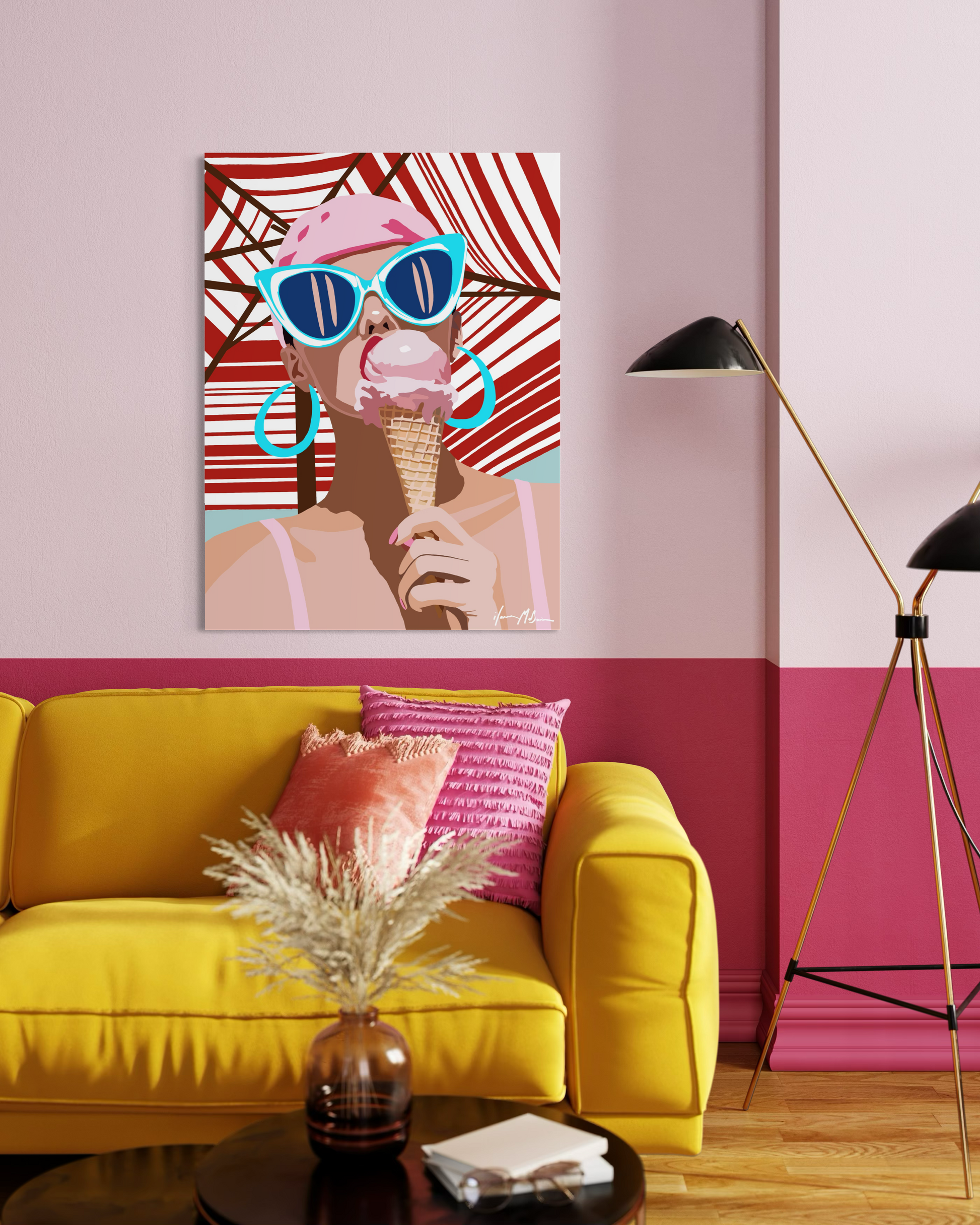 Contemporary coastal painting “Salt and Sugar” by Ilana McBain shown in modern seaside interior mock-up exploring contrasts of ocean life and human connection.
