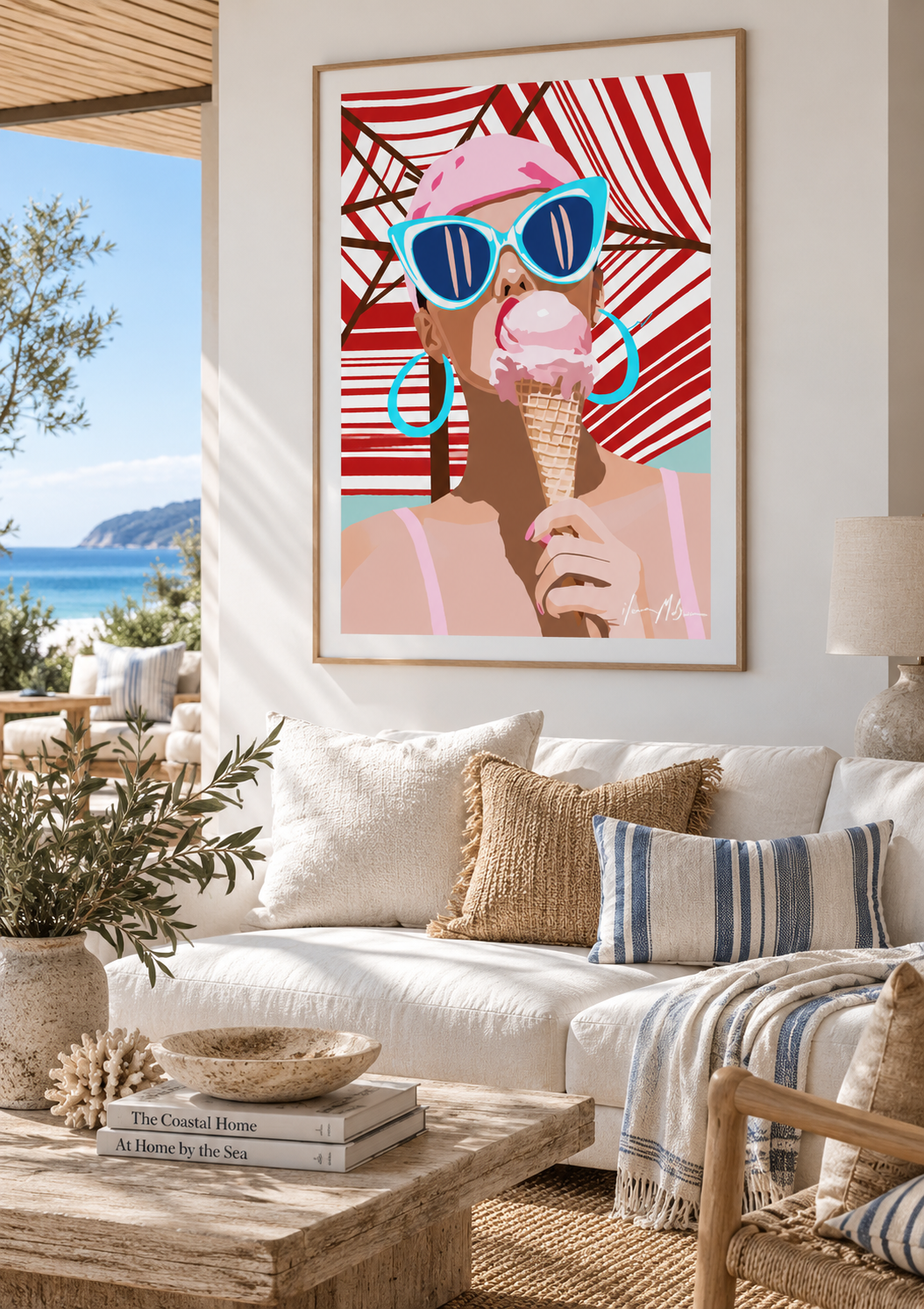 Salt and Sugar contemporary coastal art by Ilana McBain displayed in a bright modern coastal living room.