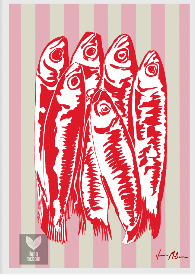 Pop art sardines by Ilana McBain in red and white on a pink striped background, modern coastal wall art for contemporary interiors.