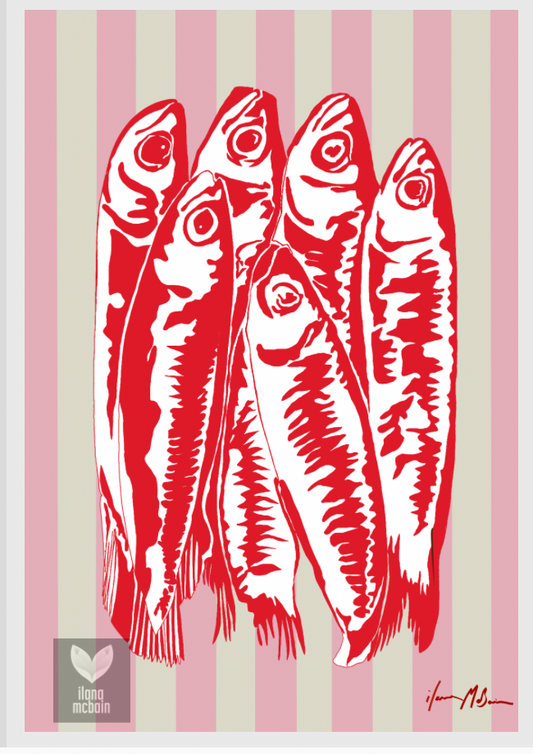 Pop art sardines by Ilana McBain in red and white on a pink striped background, modern coastal wall art for contemporary interiors.