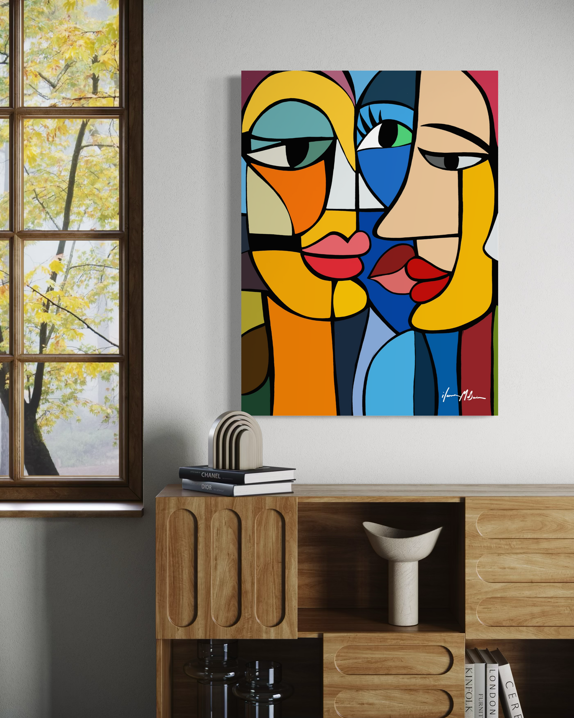 Contemporary abstract figurative artwork “Shared Silence” by Ilana McBain presented in refined interior mock-up exploring quiet emotional connection between forms.