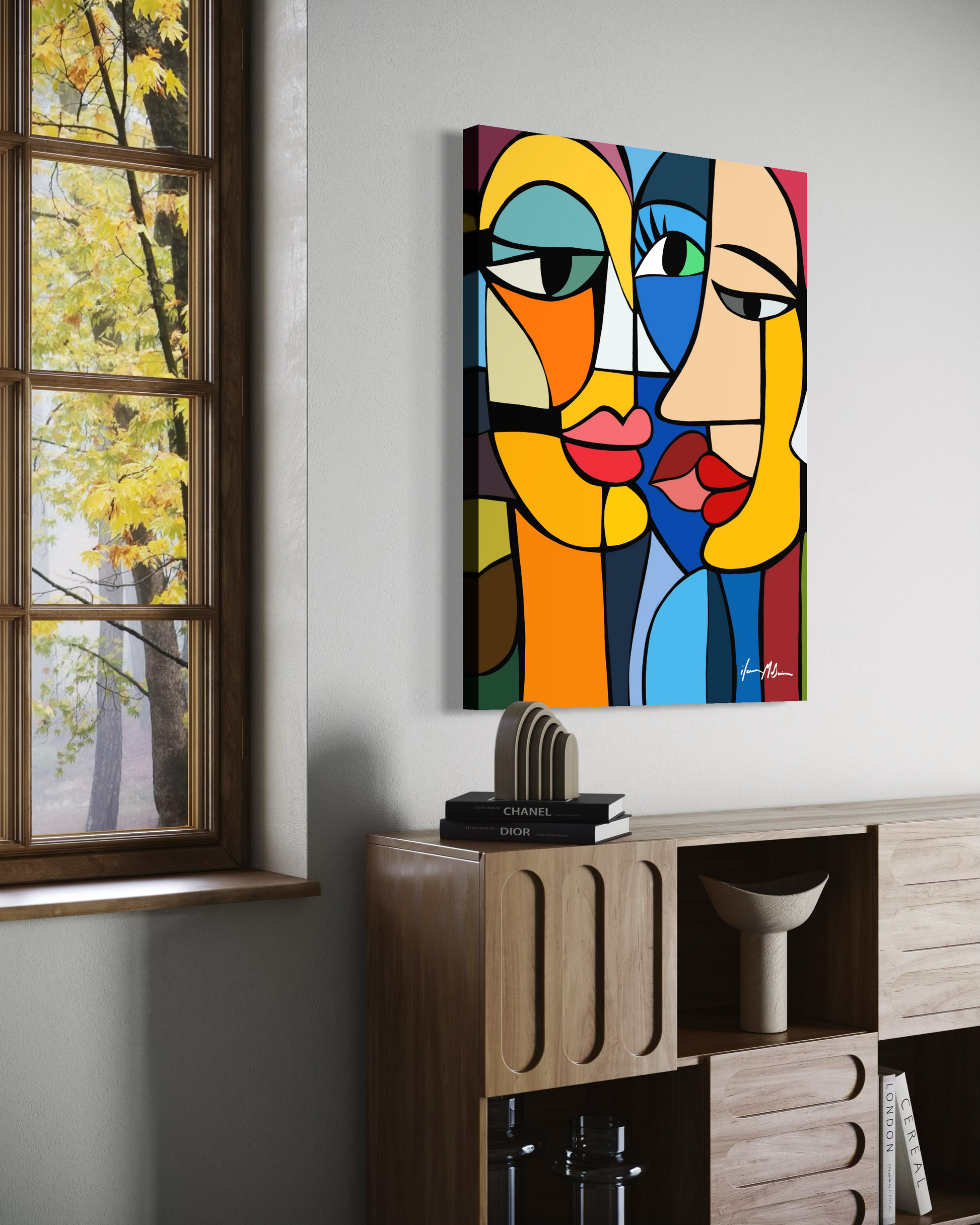 Contemporary abstract figurative artwork “Shared Silence” by Ilana McBain presented in refined interior mock-up exploring quiet emotional connection between forms. Side view. 