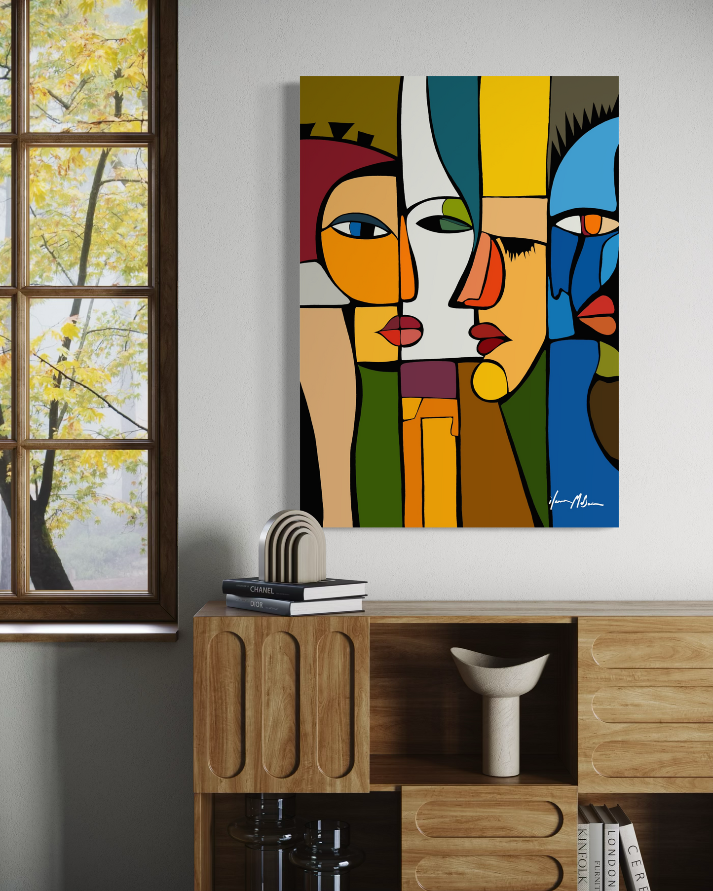 Abstract figurative painting “Split Yet Whole” by Ilana McBain shown in contemporary interior mock-up expressing separation and unity through organic shapes.
