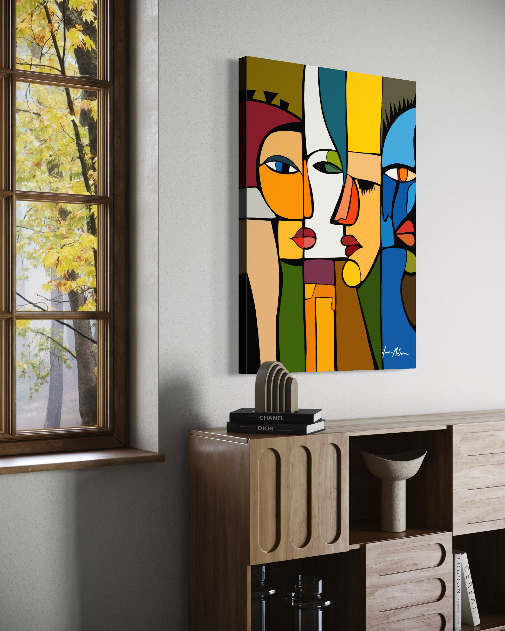 Abstract figurative painting “Split Yet Whole” by Ilana McBain shown in contemporary interior mock-up expressing separation and unity through organic shapes. Side view.