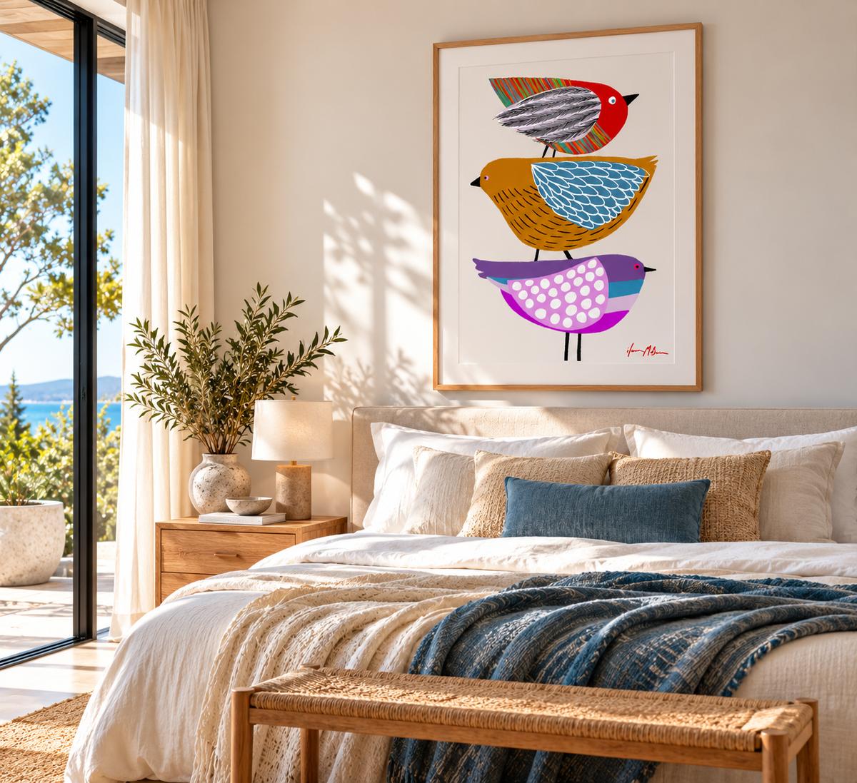 Stack of Birds contemporary bird art print by Ilana McBain framed in natural timber in a warm modern living room.