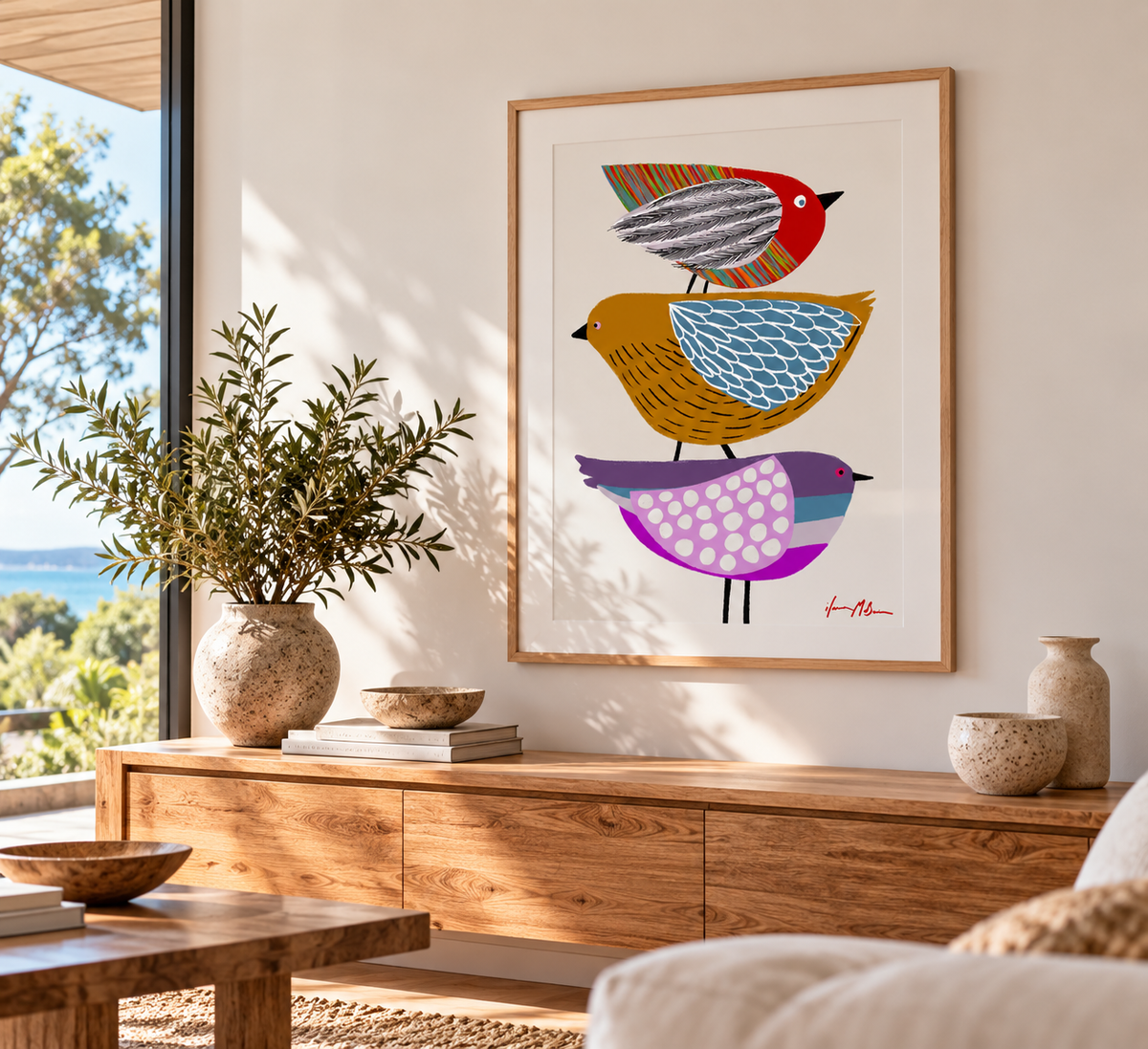 Stack of Birds contemporary bird art print by Ilana McBain in a natural timber frame above a bed in a warm modern bedroom.