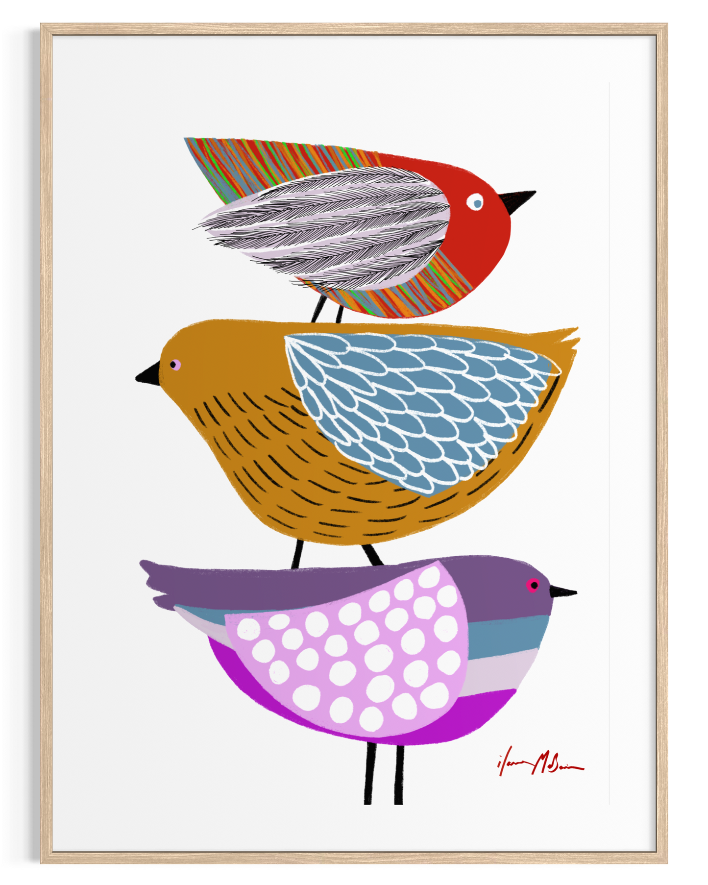 Stack of Birds artwork by Australian artist Ilana McBain showing three colourful stylised birds balanced one above the other. Contemporary bird art print with playful design and bold colours.
