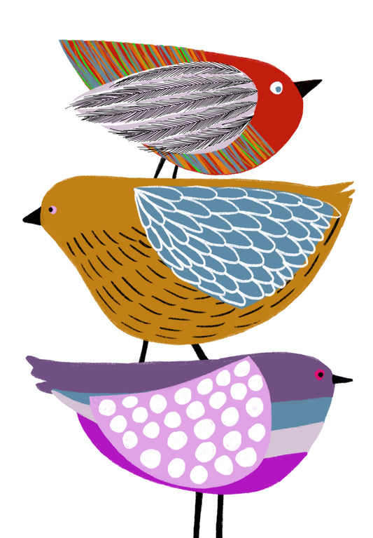 Stack of Birds contemporary bird art print by Ilana McBain featuring three colourful abstract birds on a white background.