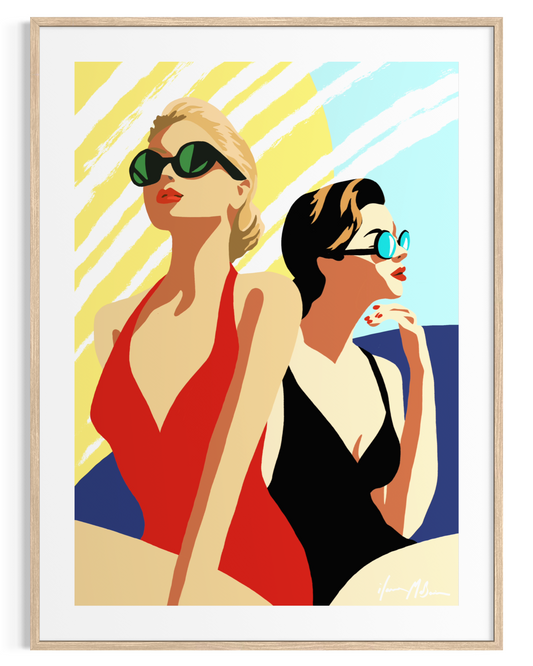 Sun Salt and Attitude artwork by Australian artist Ilana McBain showing two women in retro swimsuits and sunglasses enjoying the seaside sunshine. Contemporary coastal lifestyle art print inspired by beach culture and designed for modern interiors.
