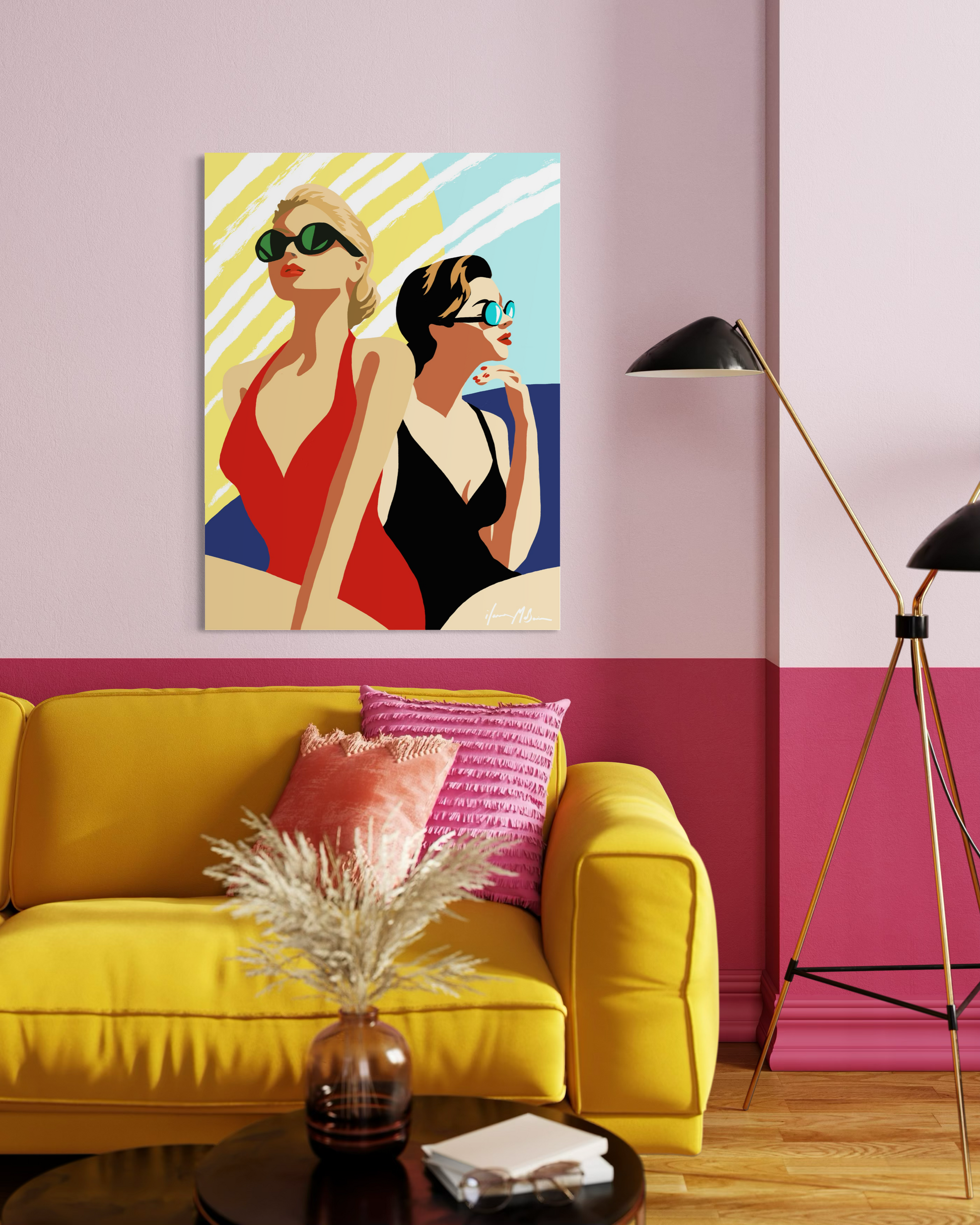 Modern coastal artwork “Sun Salt and Attitude” by Ilana McBain displayed in bright beach house interior mock-up inspired by surf culture and carefree seaside energy.