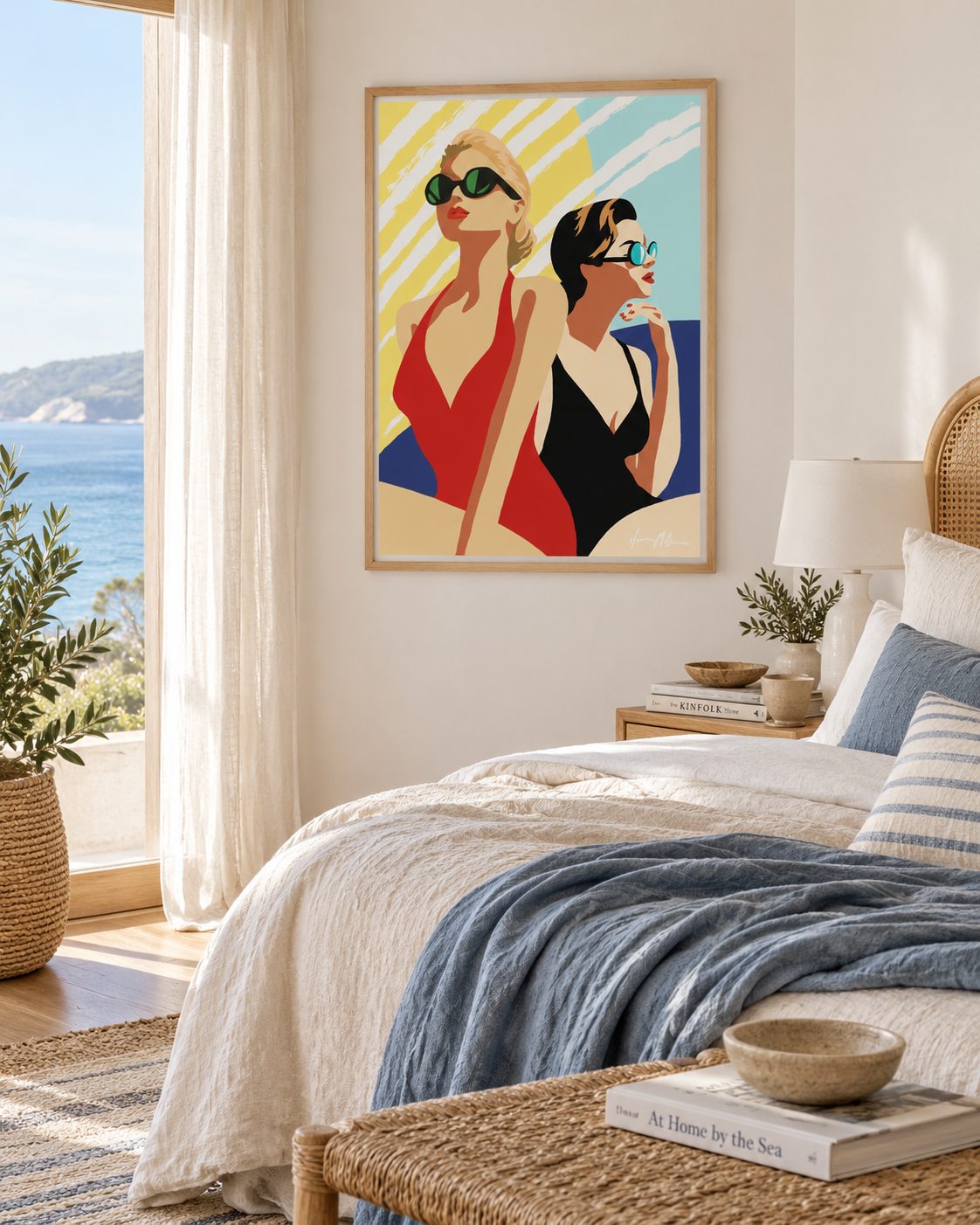 Sun, Salt & Attitude open edition art print by Ilana McBain displayed in a relaxed coastal bedroom.