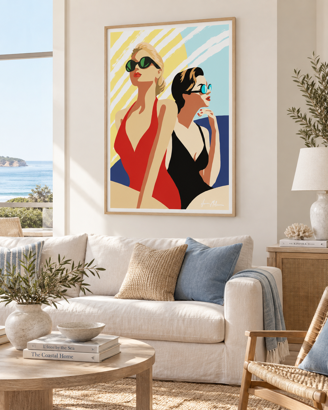 Sun, Salt & Attitude open edition art print by Ilana McBain displayed in a light coastal living room.