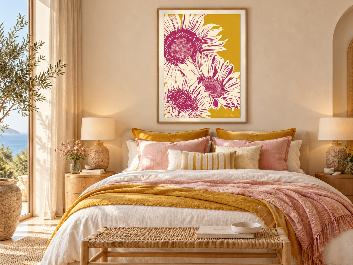 Sunflower State of Mind contemporary sunflower art print by Ilana McBain displayed above a bed styled in mustard, blush pink, cream and natural timber tones.
