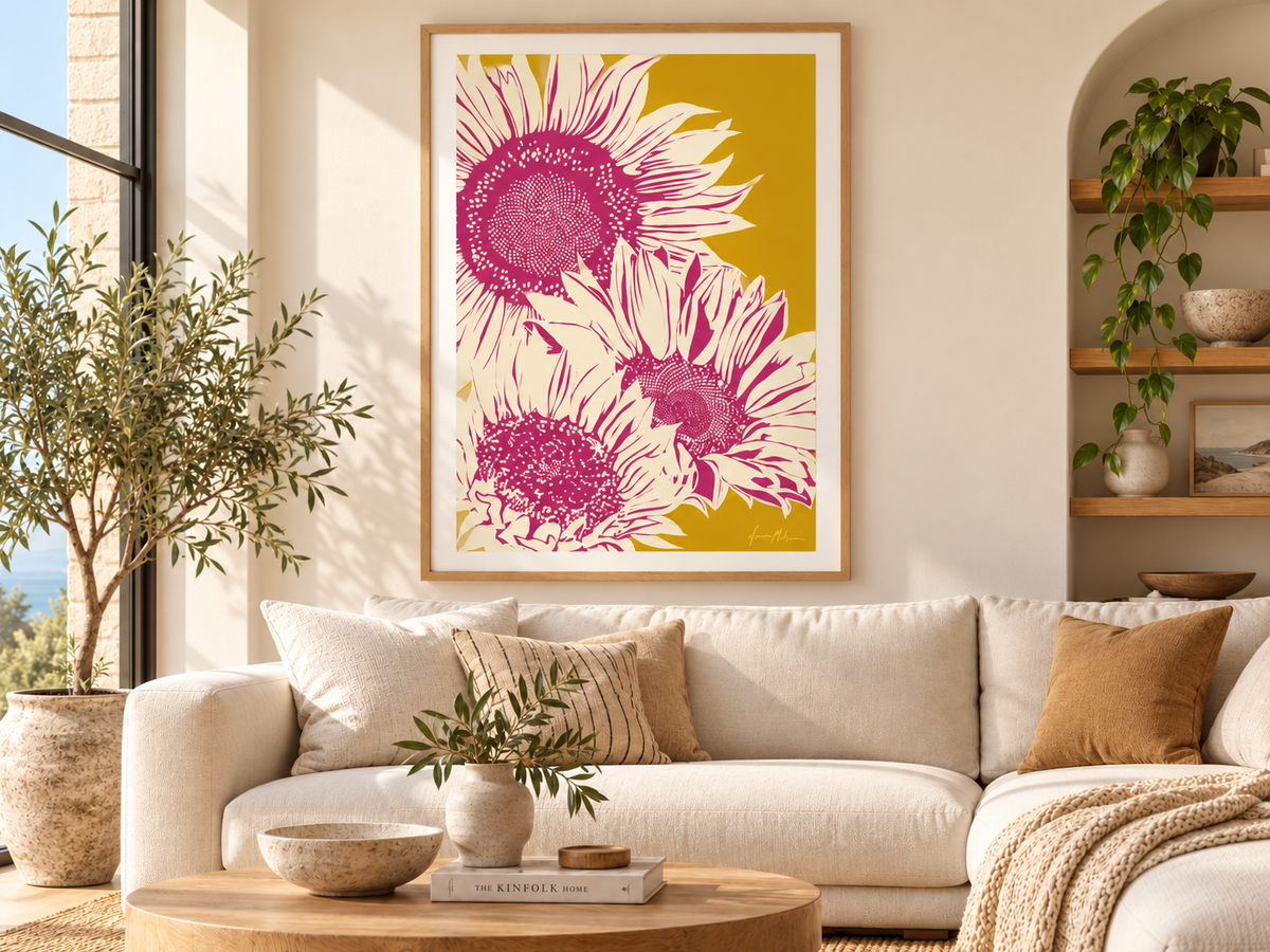 Sunflower State of Mind contemporary sunflower art print by Ilana McBain displayed in a warm neutral living room with natural timber, cream furnishings and soft greenery.