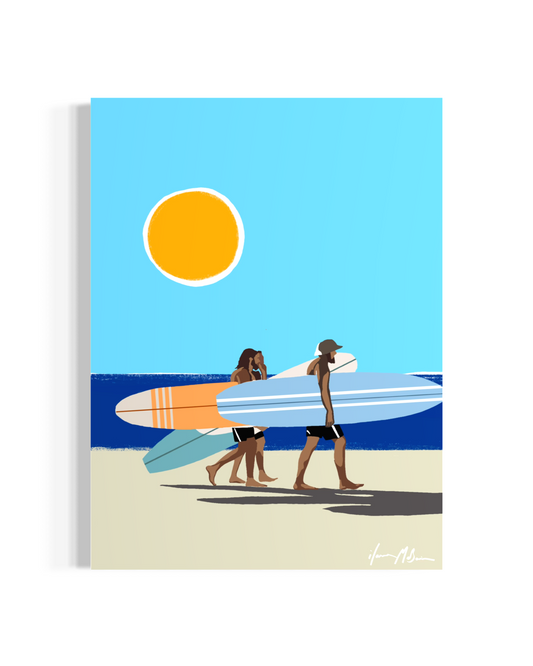 Surf culture pop art painting of surfers walking toward ocean with sun and waves by Ilana McBain