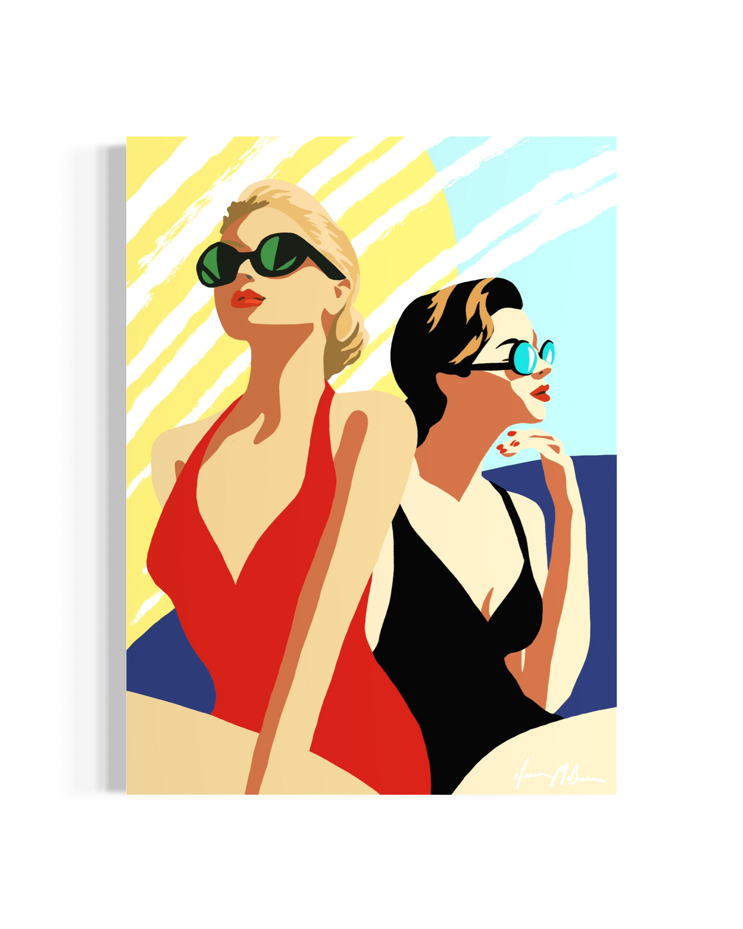 Surf lifestyle pop art painting of a confident beach figure with bold colours by Ilana McBain