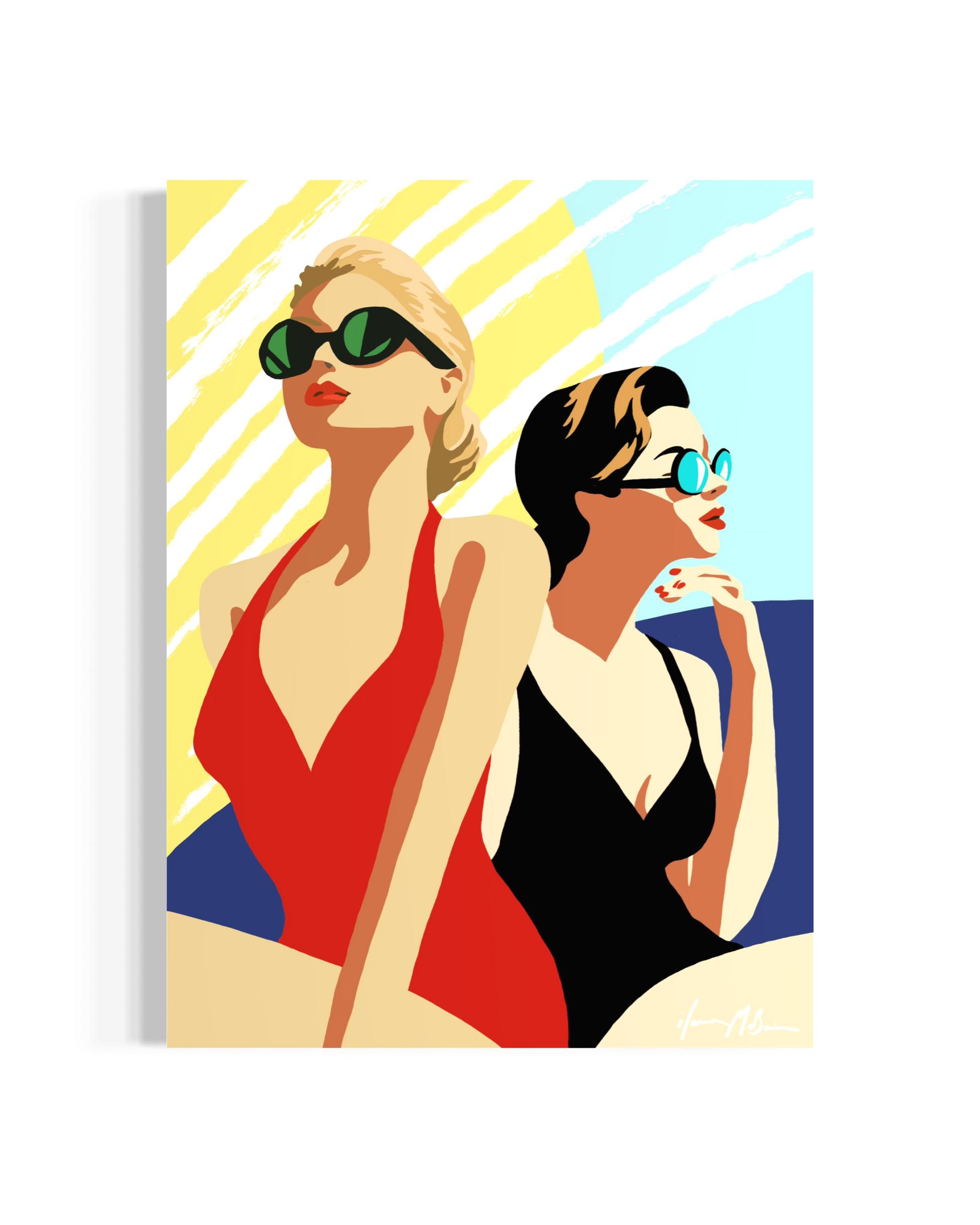 Surf lifestyle pop art painting of a confident beach figure with bold colours by Ilana McBain