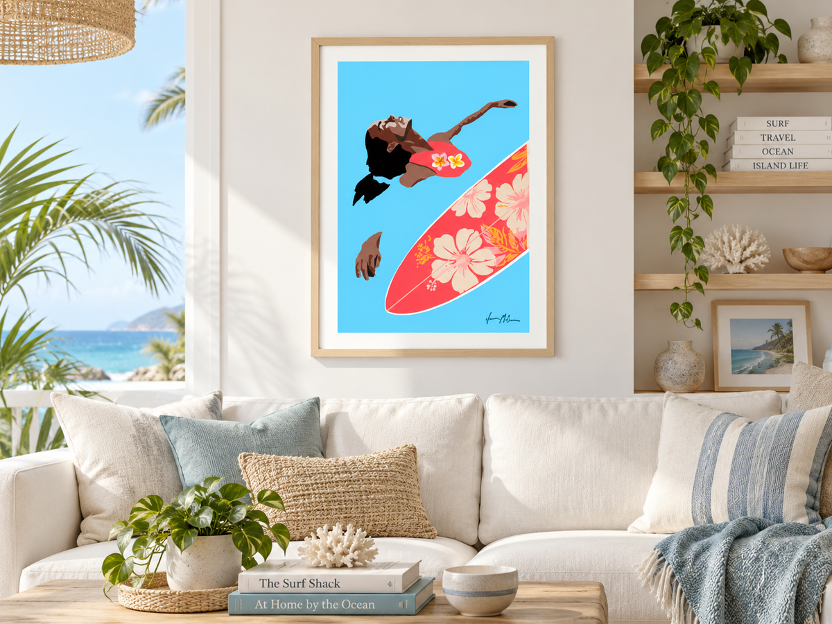 Surf Serenity contemporary surf art print by Ilana McBain in birch frame with white mat board styled in a bright modern living room