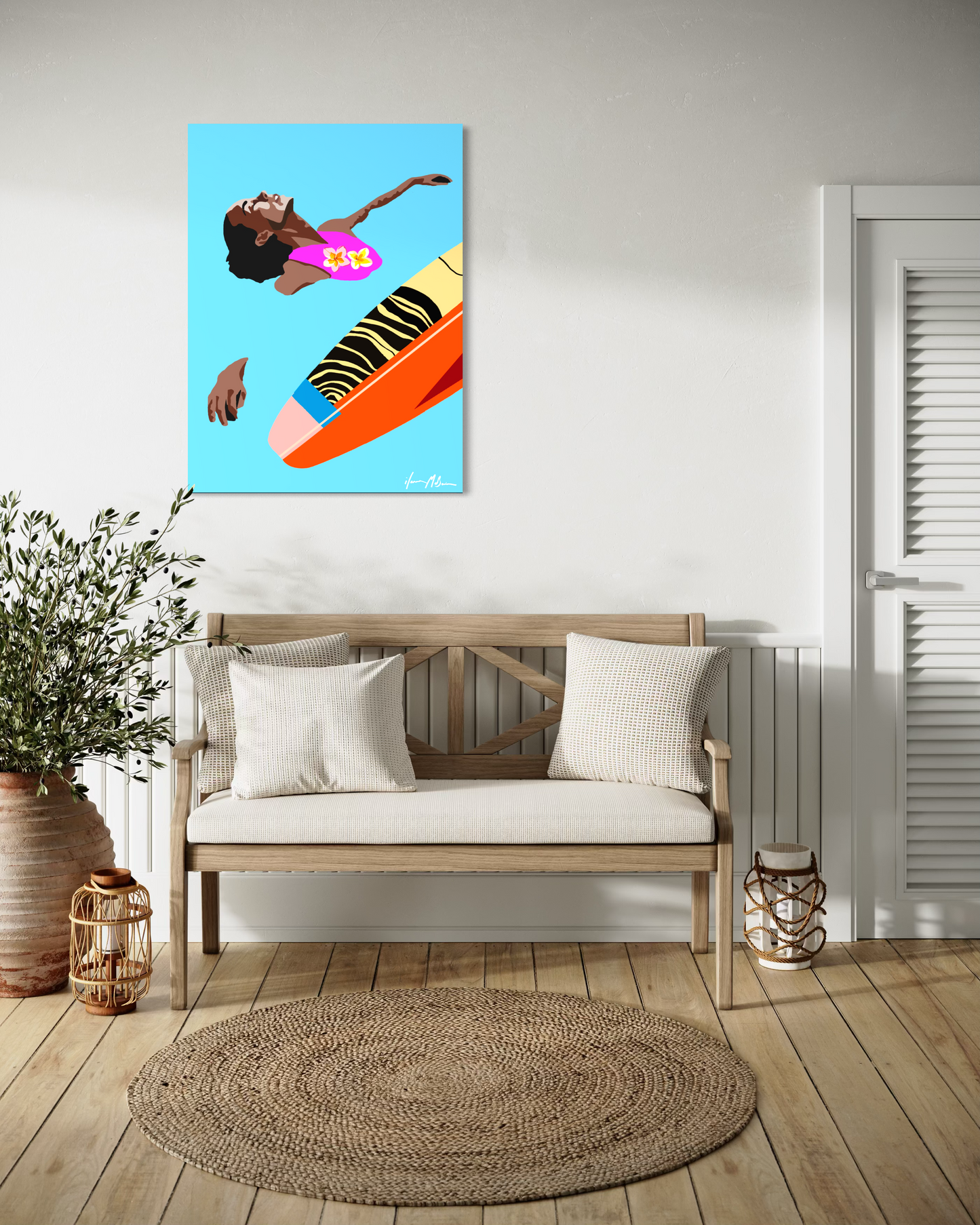 Modern surf inspired artwork “Surf Serenity” by Ilana McBain displayed in calm coastal interior mock-up reflecting peaceful ocean rhythm and surf lifestyle.