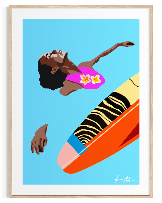 Surf Serenity surfer artwork by Australian artist Ilana McBain showing a relaxed surfer floating beside a surfboard in calm blue ocean water. Contemporary coastal surf art print designed for beach houses and modern interiors.