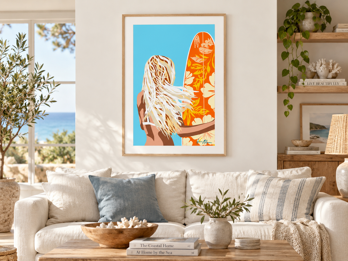 Surf Whisperer contemporary surf art print by Ilana McBain in birch frame with white mat board styled in a modern living room