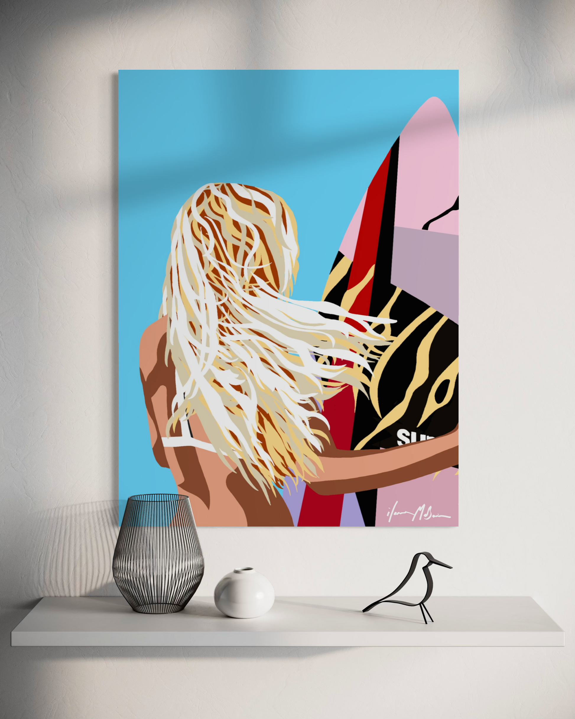Contemporary surf artwork “Surf Whisperer” by Ilana McBain shown in elegant beach house interior mock-up celebrating connection between surfer and ocean.
