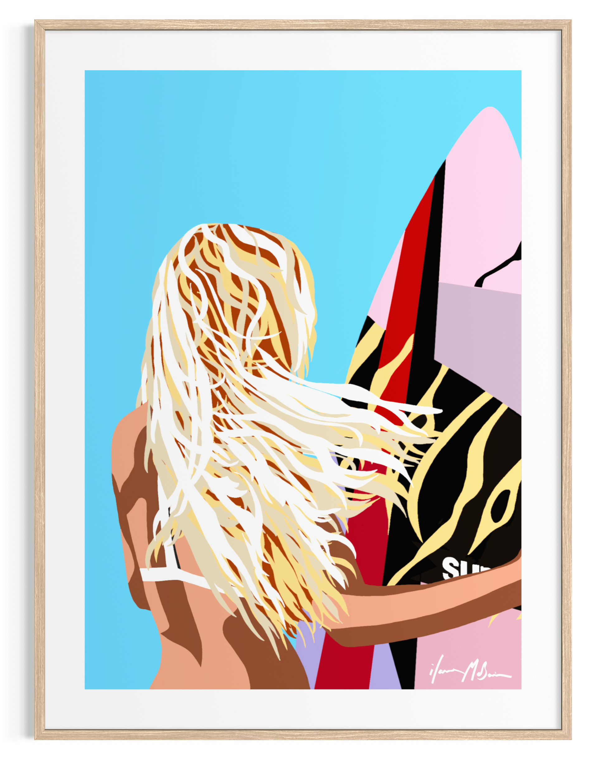 Surf Whisperer surfer artwork by Australian artist Ilana McBain showing a surfer with flowing blonde hair standing beside a surfboard against a bright blue sky. Contemporary coastal surf art print designed for beach houses and modern interiors.