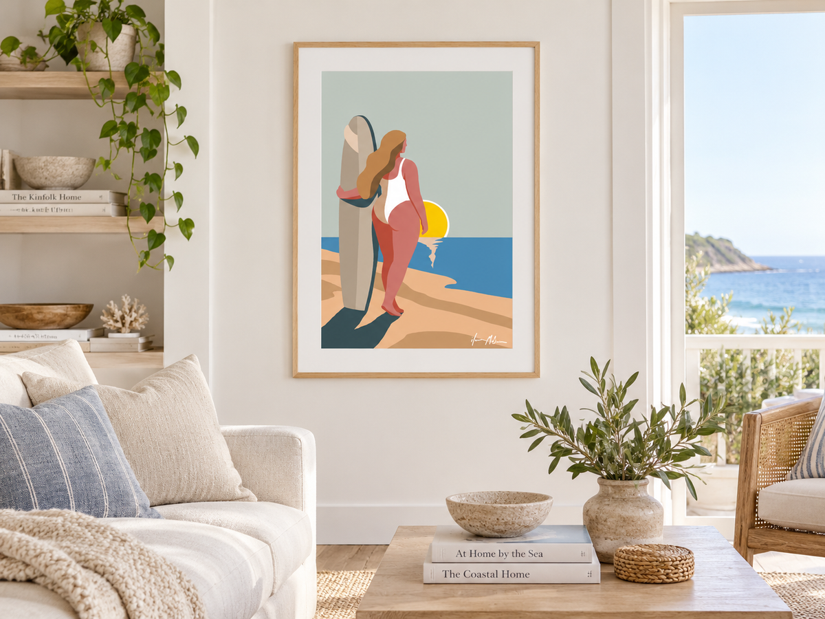 Thank You Ocean contemporary surf art print by Ilana McBain in a birch frame with white mat board styled in a bright modern coastal living room