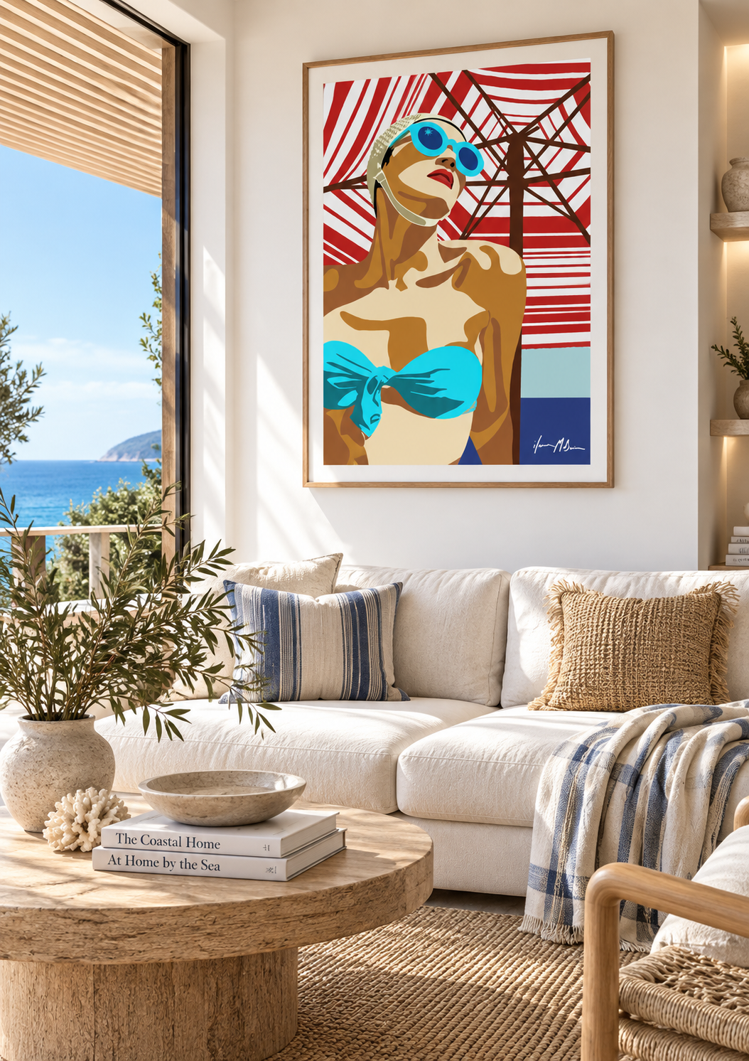 The 1950’s Heatwave by Ilana McBain displayed as a large contemporary beach art print in a light coastal living room.