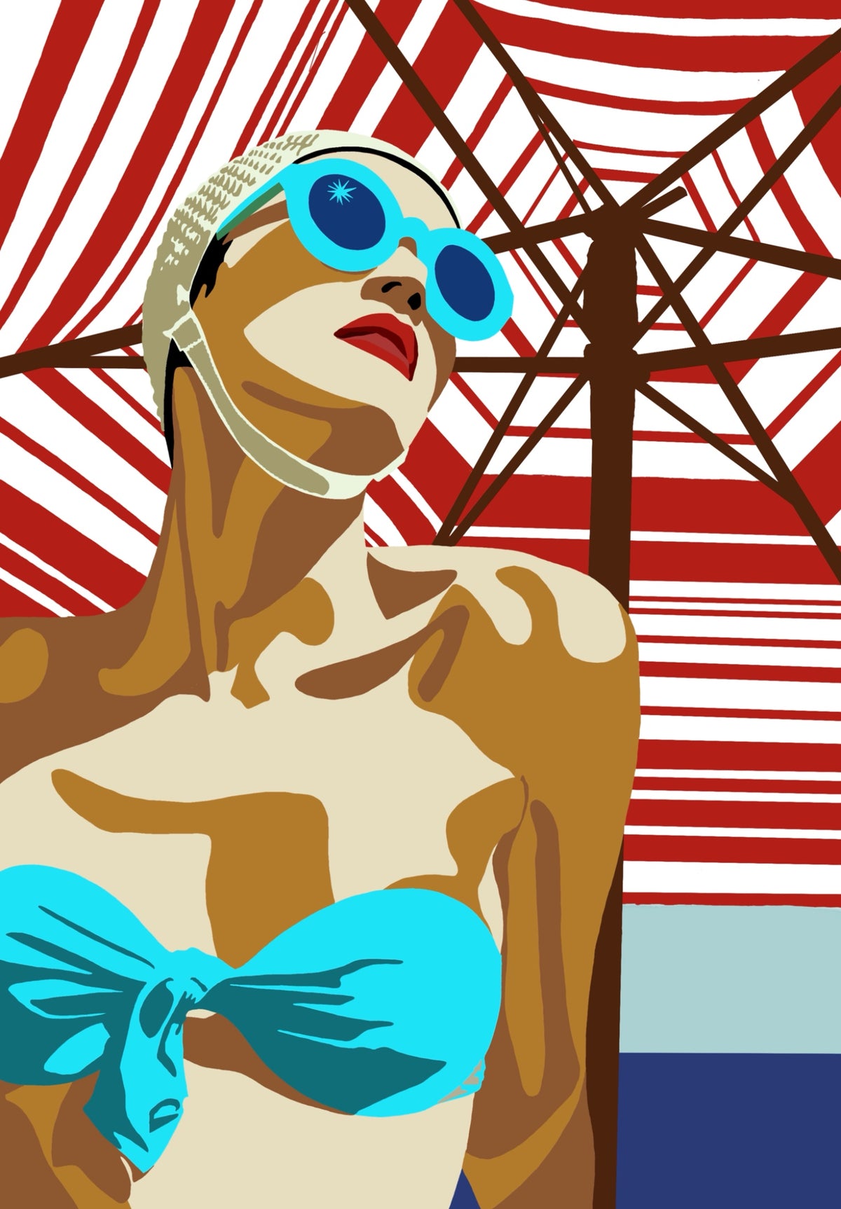 The 1950’s Heatwave contemporary beach artwork by Ilana McBain featuring a woman beneath a red and white beach umbrella.