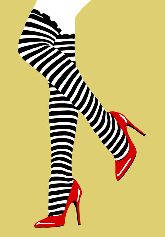 The Art of Standing Out by Ilana McBain, fashion art print of black and white striped legs wearing red high heels on a yellow background.