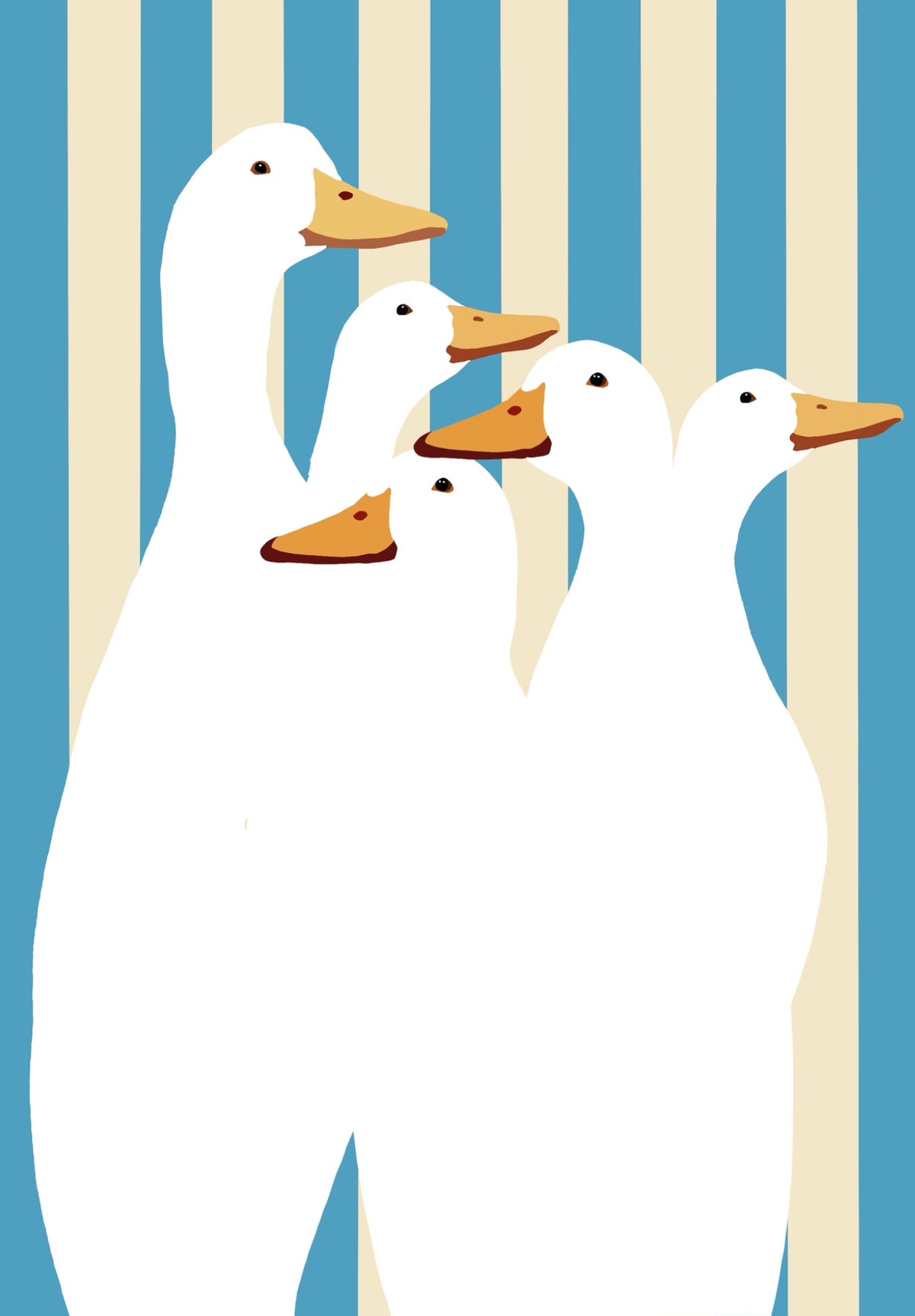 Duck Club blue stripe contemporary duck art print by Ilana McBain featuring five white ducks against bold blue and cream vertical stripes.