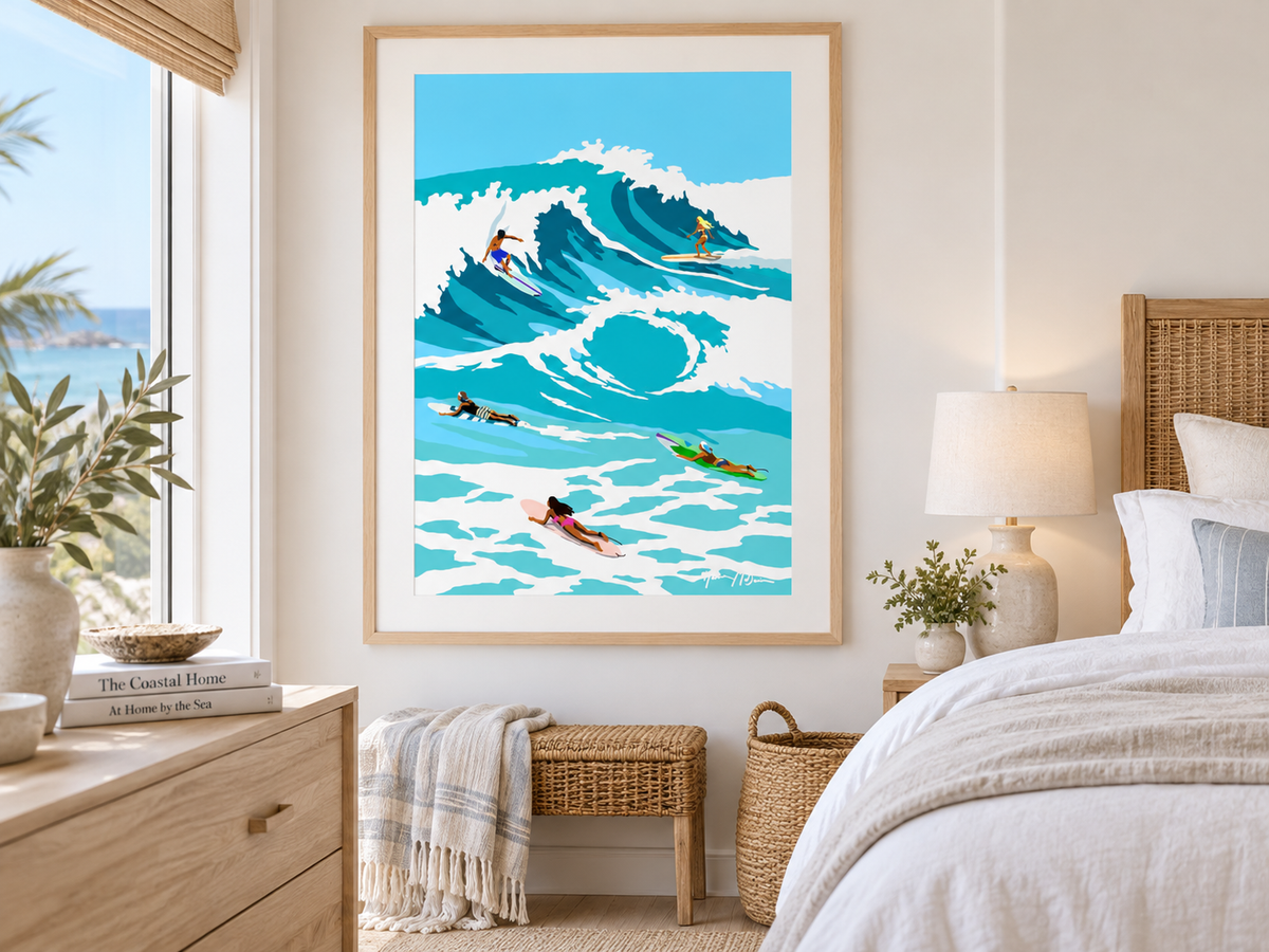 The Lineup contemporary surf art print by Ilana McBain in a birch frame with white mat board styled in a bright modern bedroom