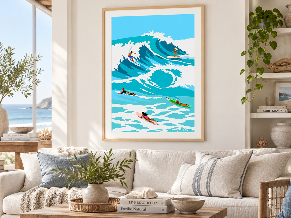 The Lineup contemporary surf art print by Ilana McBain in a birch frame with white mat board styled in a bright modern living room