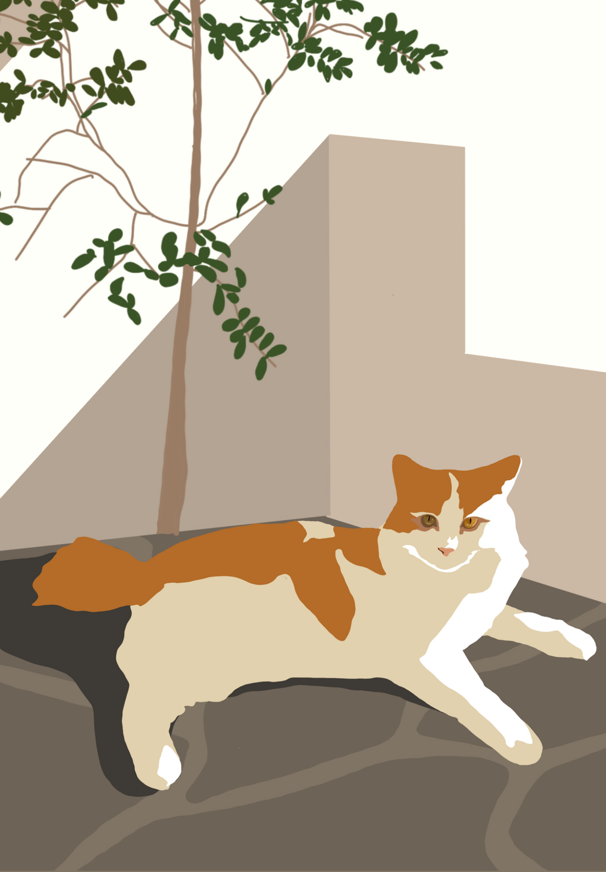 The Lounger contemporary ginger and white cat art print by Ilana McBain, featuring a relaxed cat stretched out in a minimalist courtyard setting.