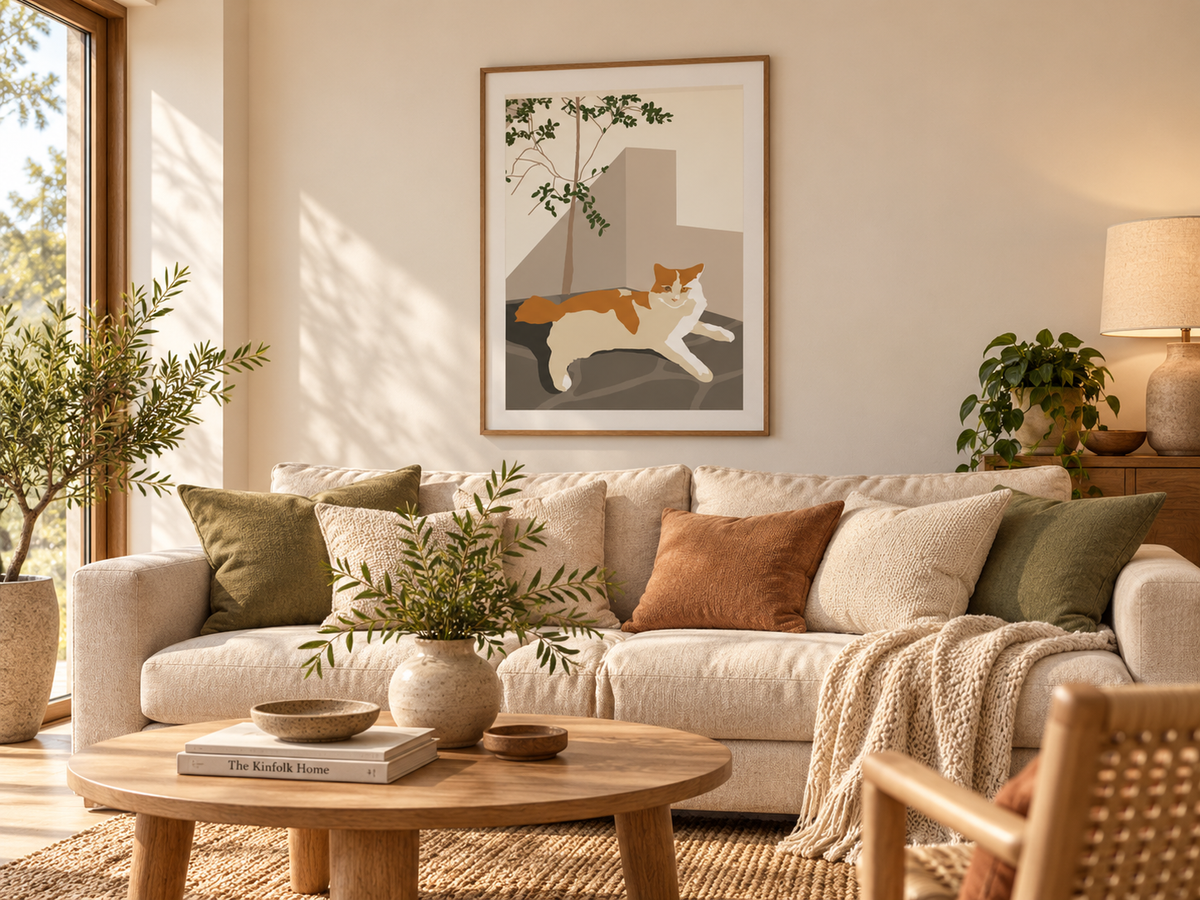 The Lounger contemporary ginger and white cat art print by Ilana McBain displayed above a cream sofa in a warm modern living room with natural timber and olive accents.