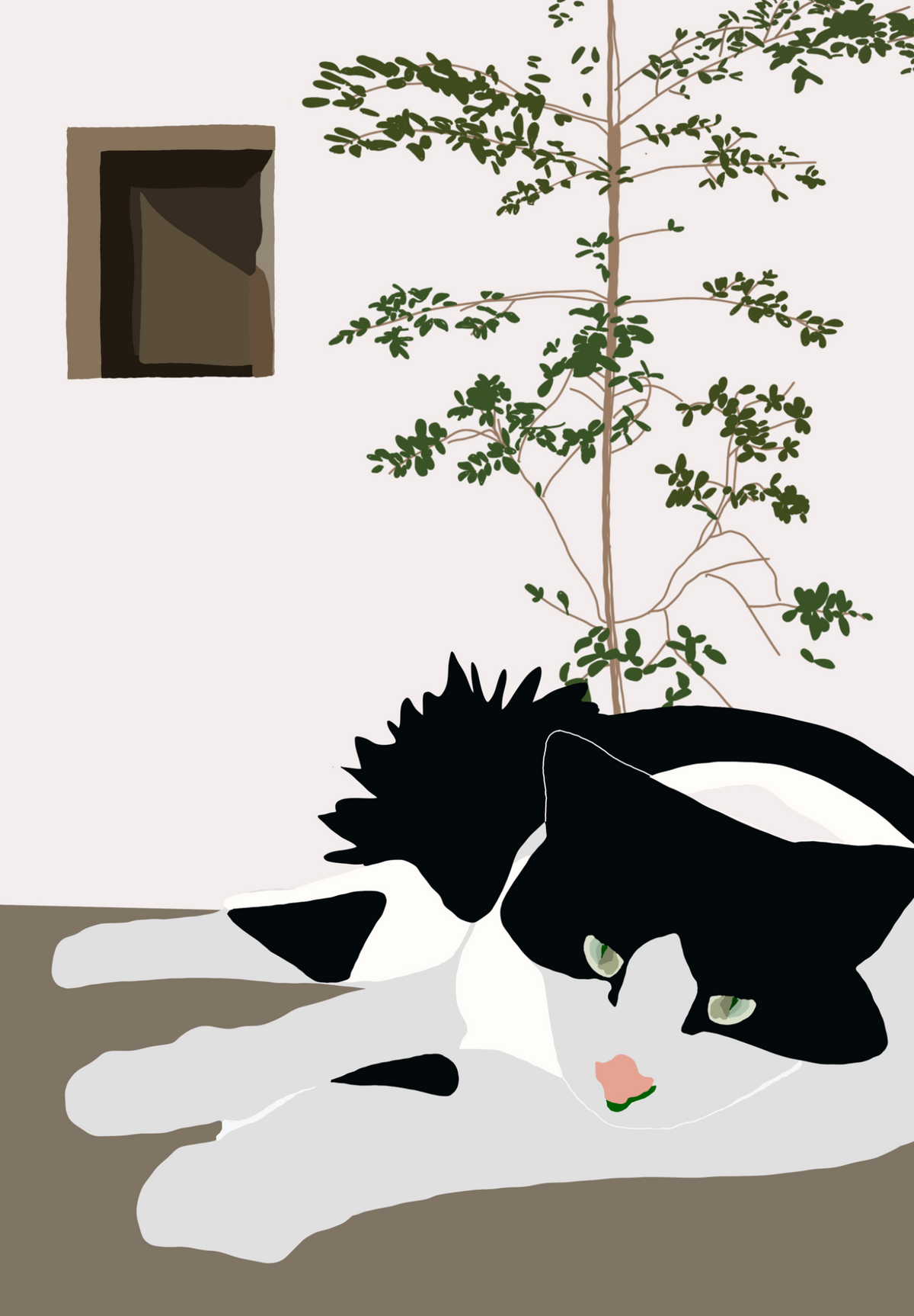 The Observer contemporary black and white cat art print by Ilana McBain, featuring a relaxed cat in a quiet leafy courtyard setting.