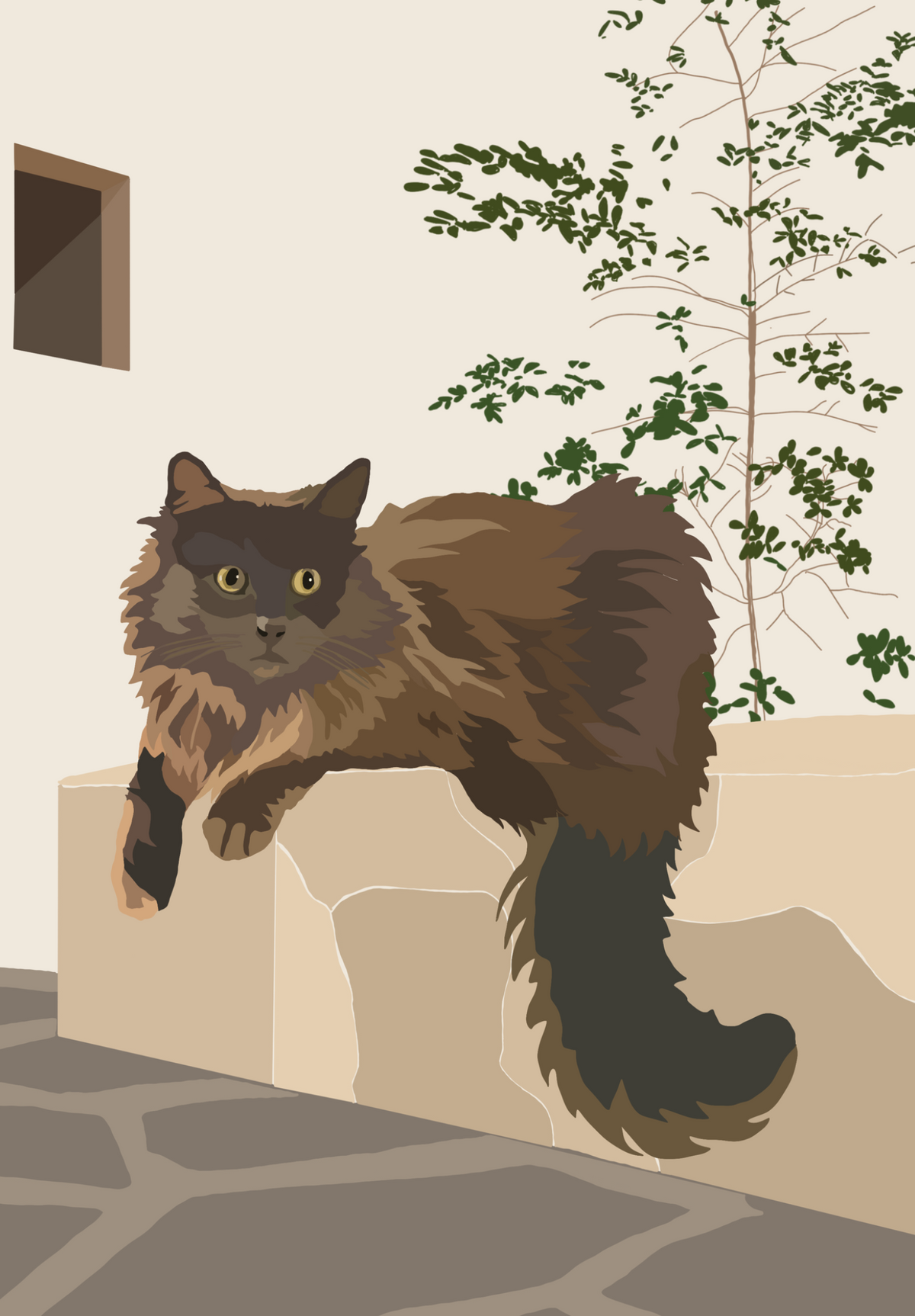 The Resident contemporary long-haired cat art print by Ilana McBain, featuring a fluffy dark cat resting confidently in a leafy courtyard setting.