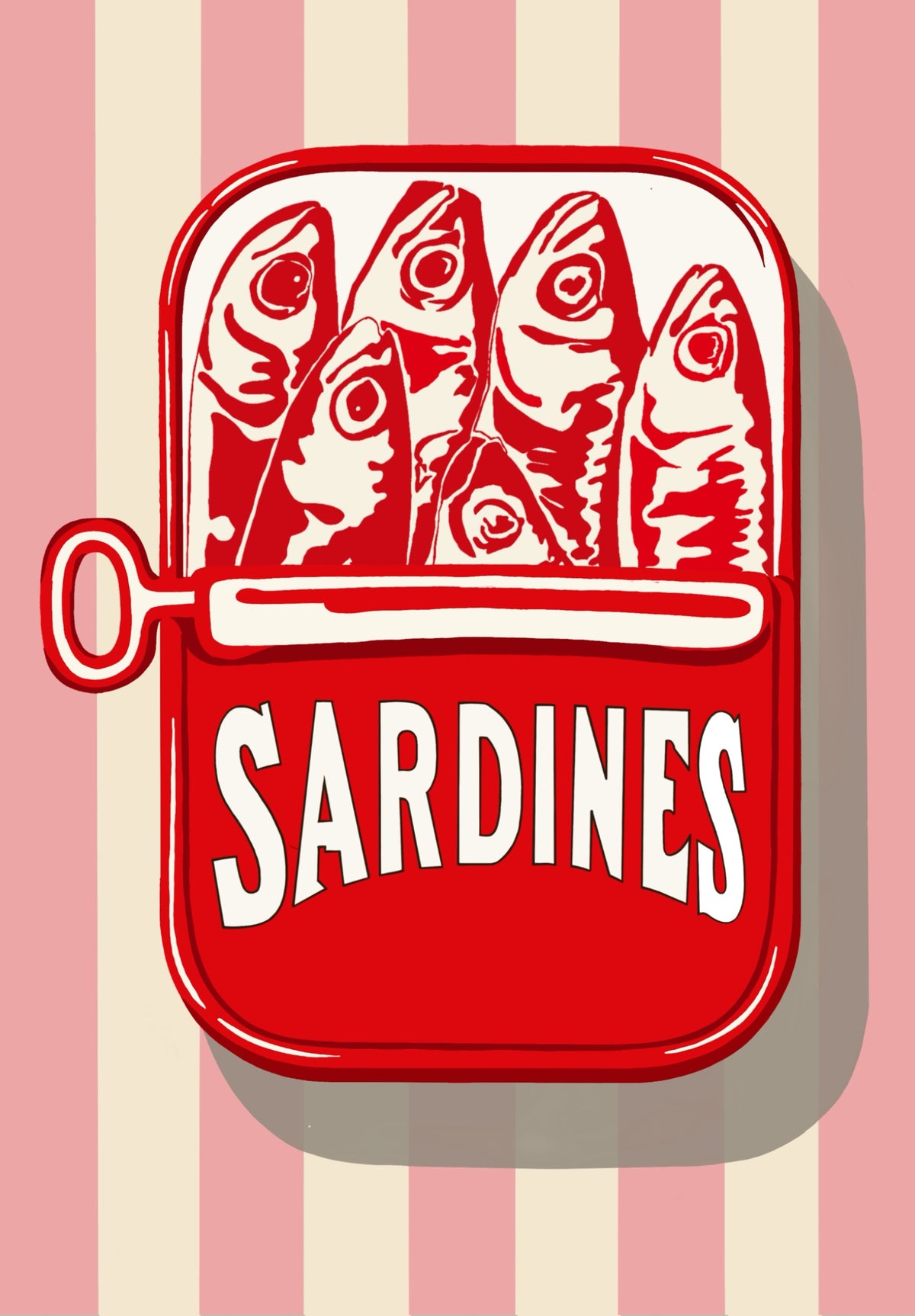 The Sardine Tin contemporary sardine art print by Ilana McBain featuring a bold red sardine tin on pink and cream vertical stripes.