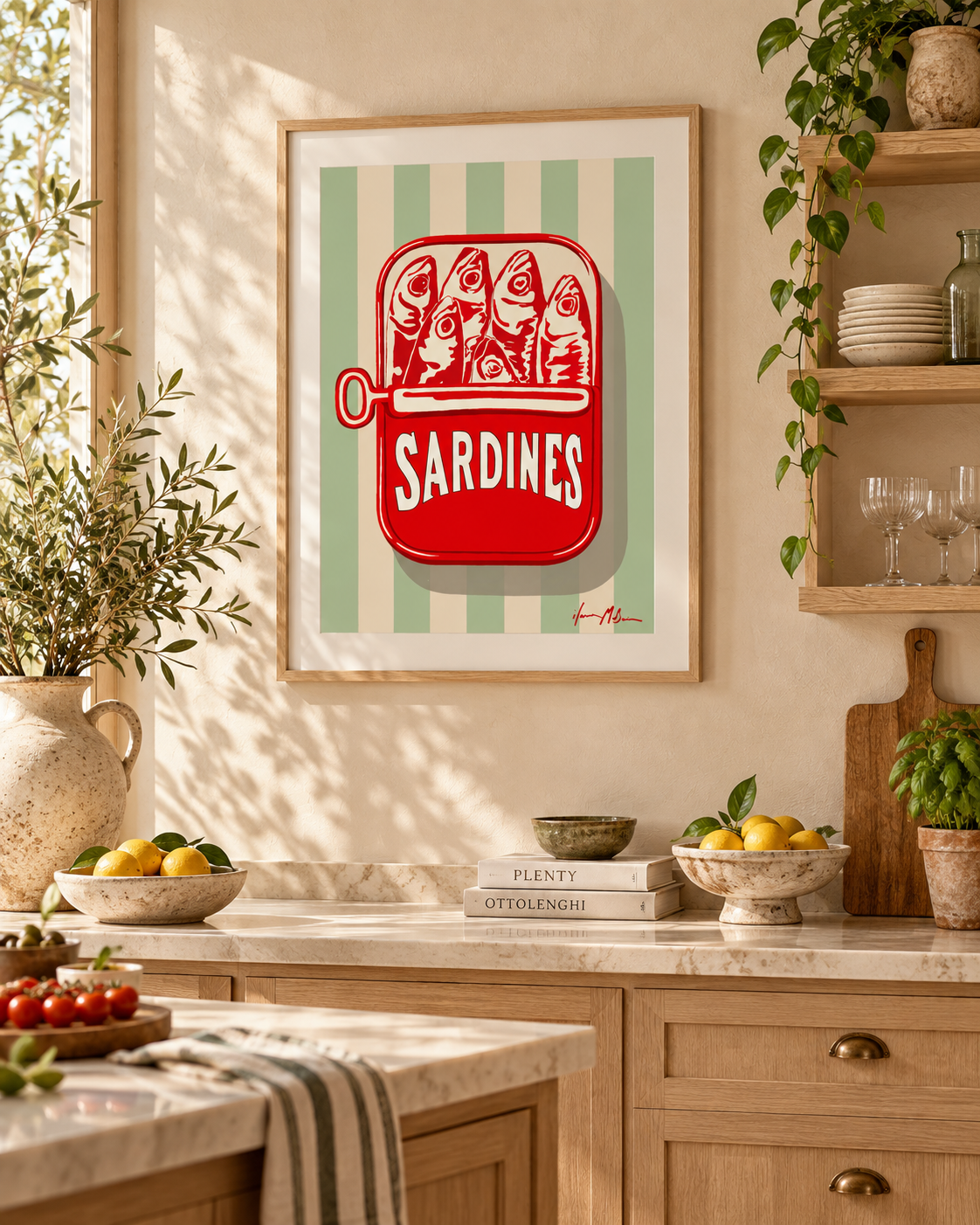 The Sardine Tin sage stripe sardine art print styled in a bright modern kitchen with natural timber cabinetry, stone benchtops and warm Mediterranean-inspired decor.