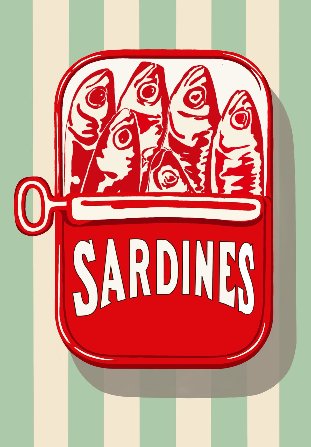 The Sardine Tin contemporary sardine art print by Ilana McBain featuring a red sardine tin on sage and cream vertical stripes.
