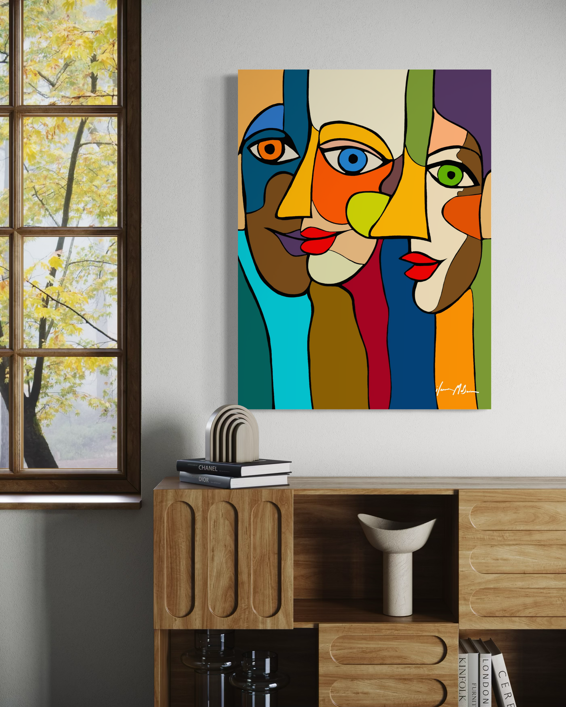 Modern abstract figurative painting “The Unspoken Line” by Ilana McBain presented in elegant interior mock-up illustrating the subtle boundary between individuals.
