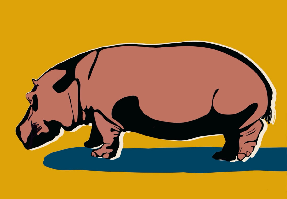 Unapologetically Solid contemporary hippo art print by Ilana McBain featuring a stylised pink hippo on a mustard yellow background with a deep blue shadow.