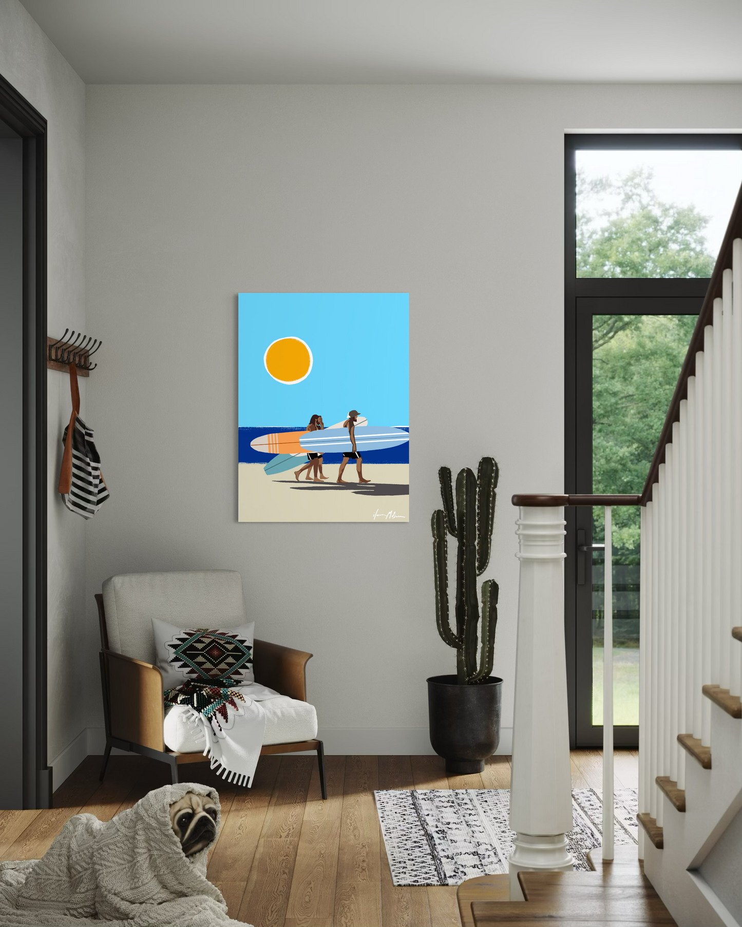 Contemporary surf lifestyle artwork “Wave Chasers” by Ilana McBain displayed in modern coastal interior mock-up capturing the excitement of chasing waves.