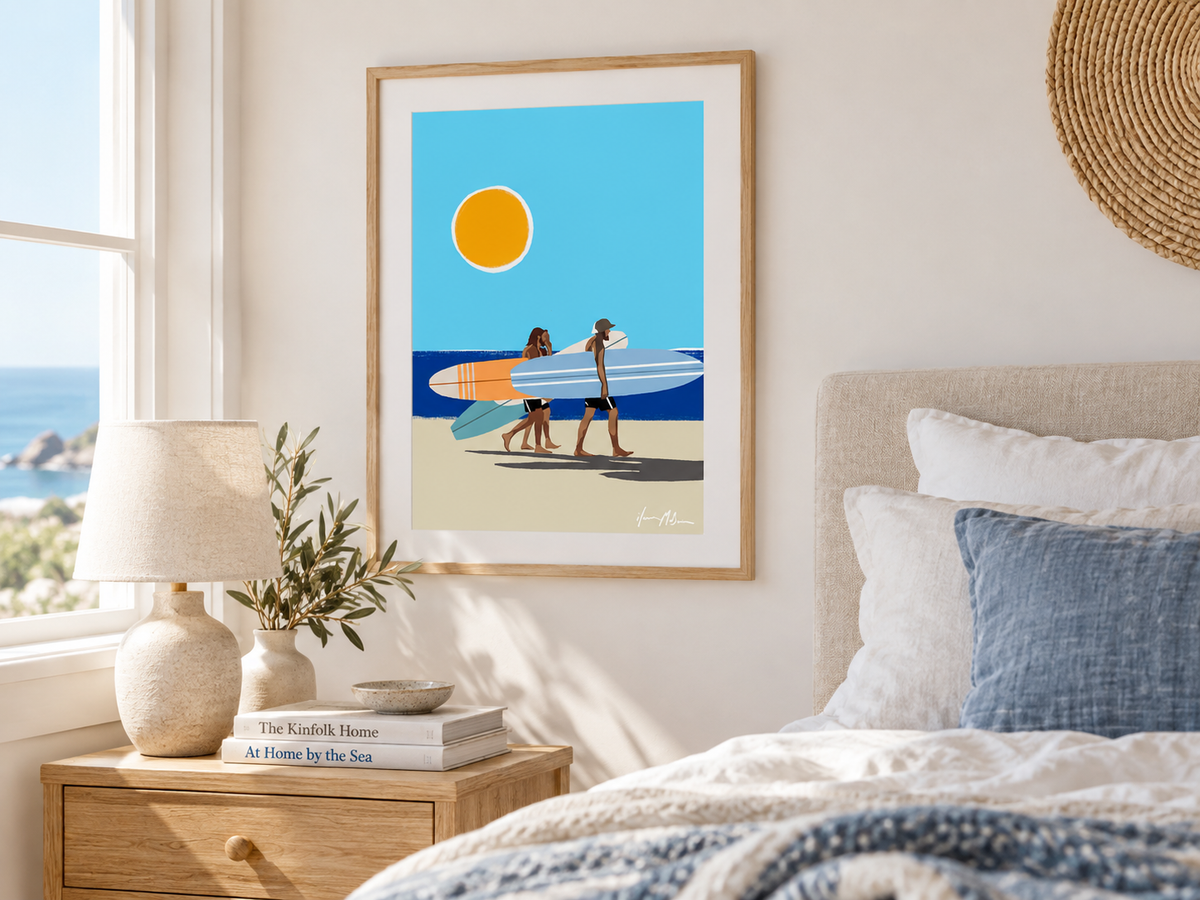 Wave Chasers contemporary surf art print by Ilana McBain in birch frame with white mat board styled in a bright modern bedroom