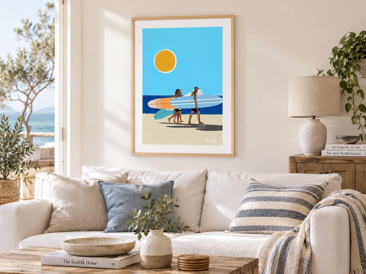 Wave Chasers contemporary surf art print by Ilana McBain in birch frame with white mat board styled in a bright modern living room