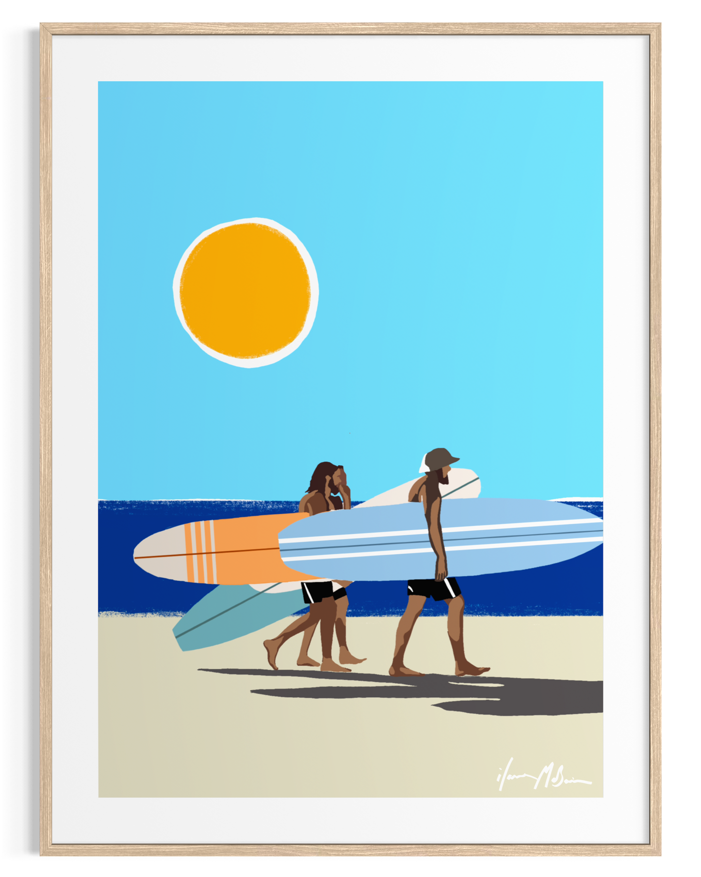 Wave Chasers surfer artwork by Australian artist Ilana McBain showing surfers carrying surfboards along a bright summer beach under a golden sun. Contemporary coastal surf art print designed for beach houses and modern interiors.